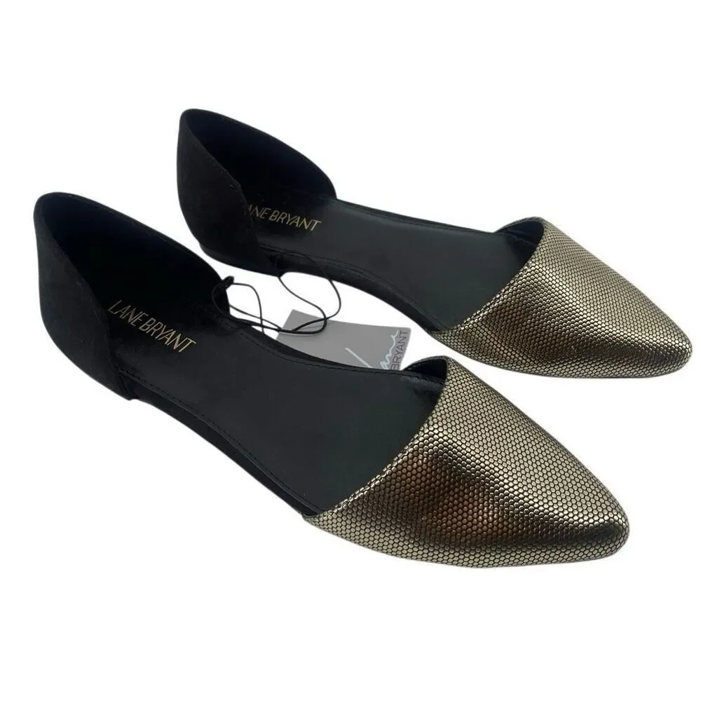 Lane Bryant Metallic D’Orsay Flats Pointed Toe Gold Black NWT Size 10